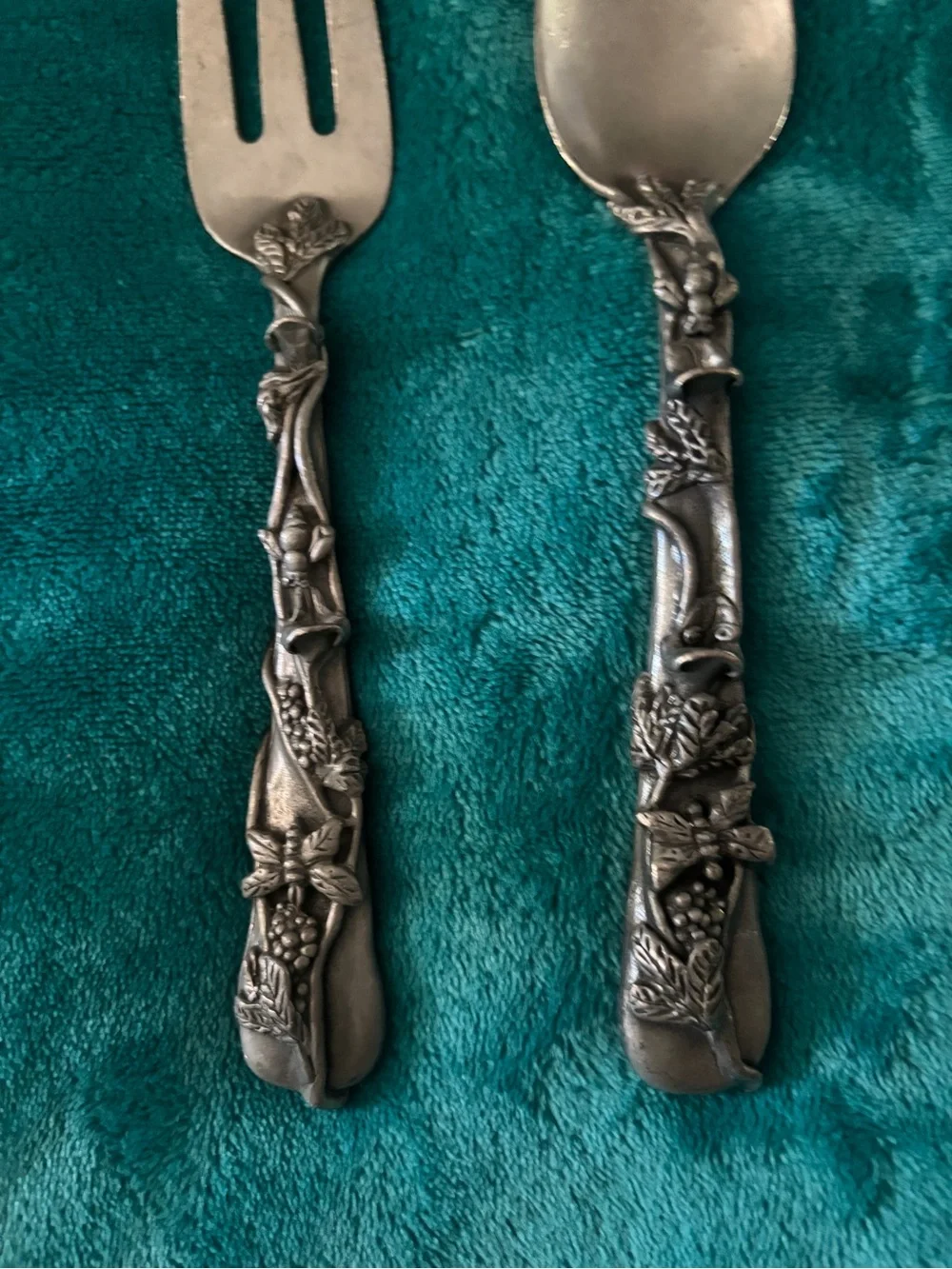 Decorative Vintage Pewter Serving Fork and Spoon - Silver Finish